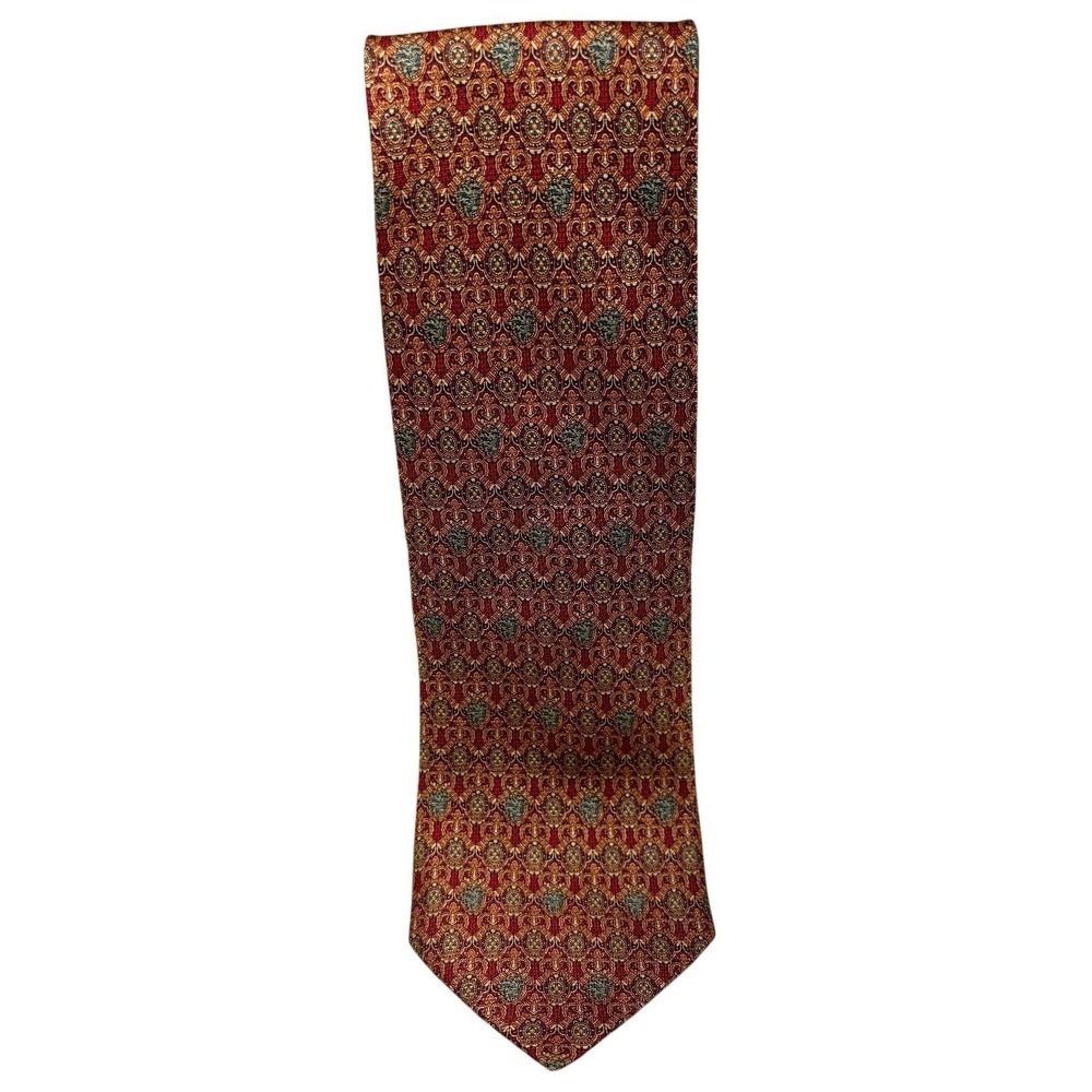 Daniel De Fasson Mens Red Gold Teal Medallion Mosaic 100% Silk‎ Hand Made Tie